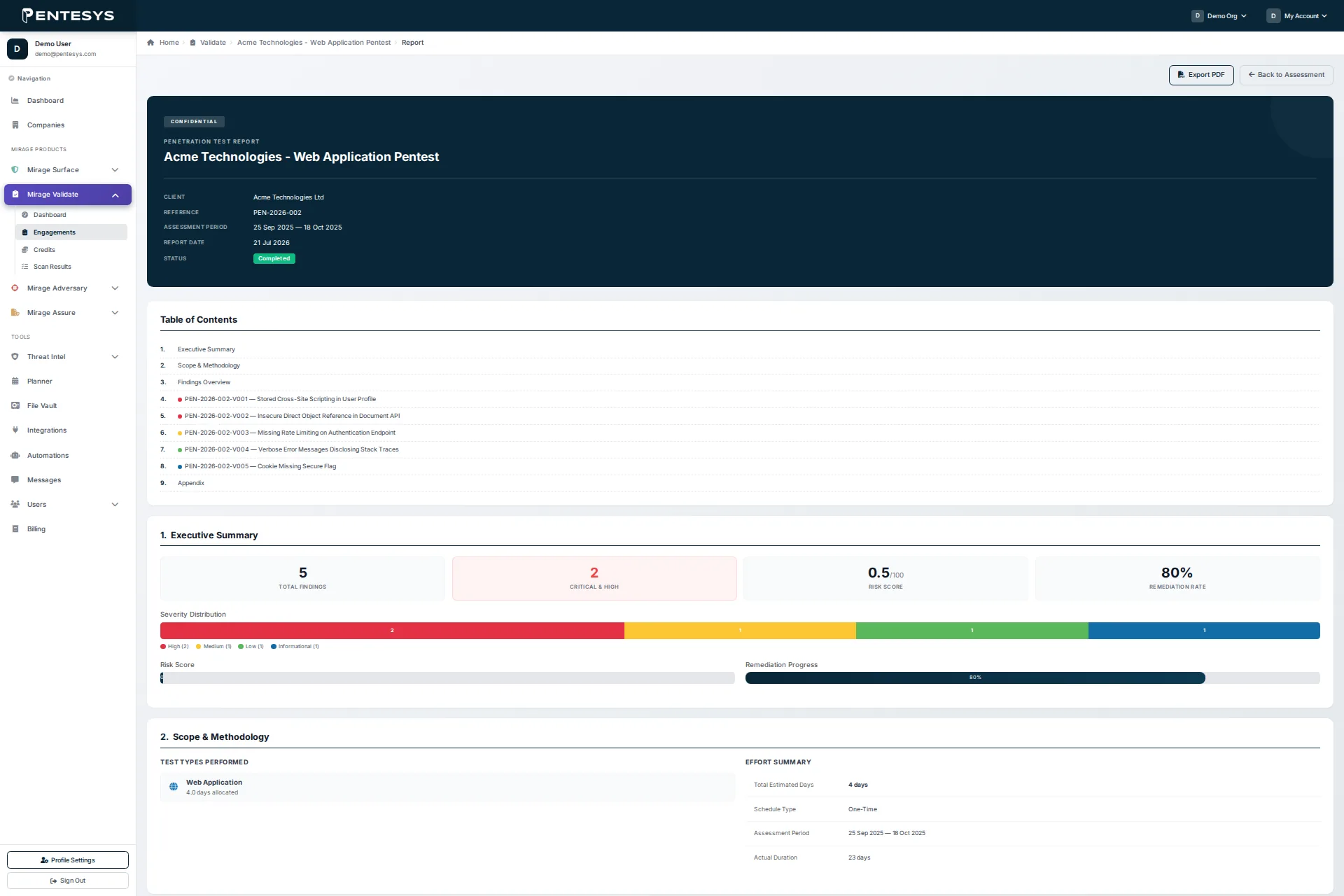 Mirage Portal screenshot showing red team, purple team & adversary simulation as a service findings and reporting